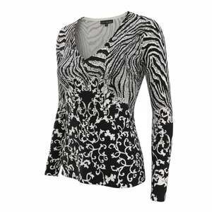 Pierri New York Beaded Zebra and Damask Print V-Neck Long Sleeve Sweater Large